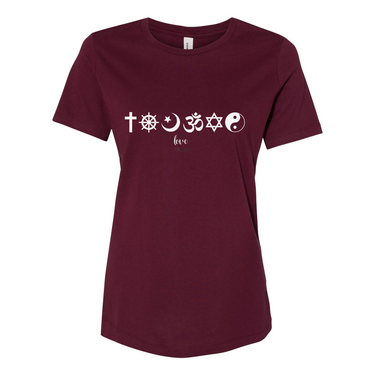One Love Women's Tee with religious symbols from Christianity, Islam, and Judaism, promoting peace, love, and religious harmony. 100% cotton relaxed fit shirt in maroon.